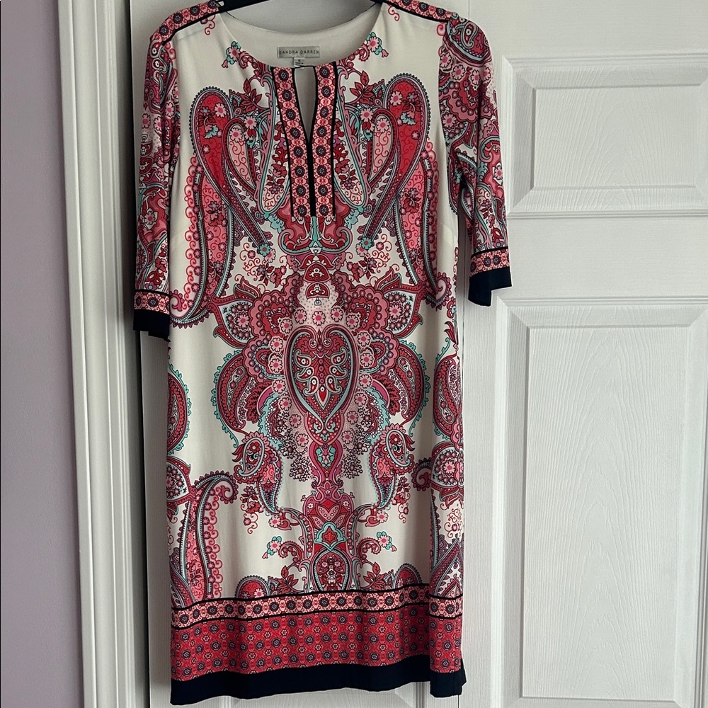 Sandra Darren Cream Dress with Pink and Teal Paisley Print